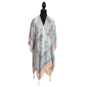 Pastel Blue Floral Kimono Shawl Wrap – Lightweight Boho Scarf with Tassels – Res